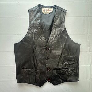 Vintage Chess King Mens Black Leather Vest Western Yoke Button Front Medium